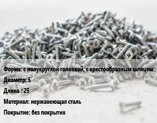 Шуруп с полукруглой головкой, с крестообразным шлицем 5х25 нержавеющая сталь без покрытия